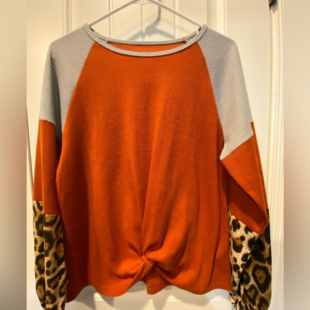 Shein Orange, Gray and Leopard Waffle Knit Top Size Small Modest/ Fall